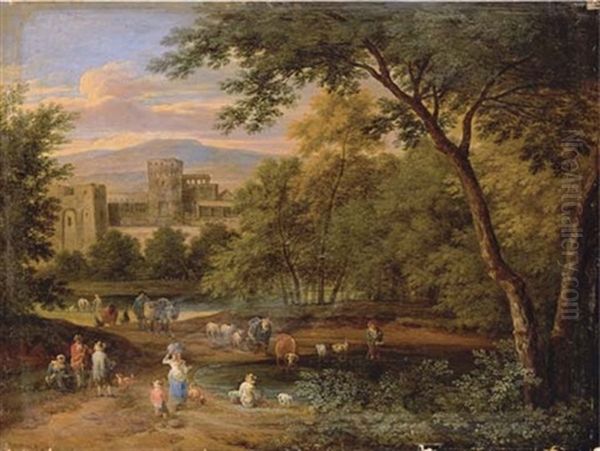A Wooded River Lansdcape With Herdsmen And Travellers On A Path, A Fortified Village Beyond - view 1