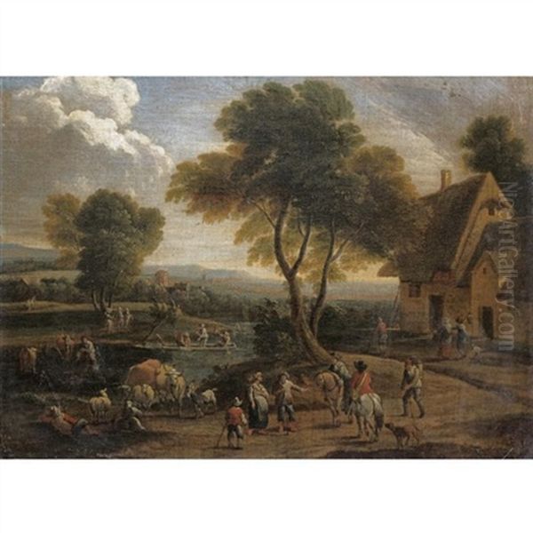 A River Landscape With Figures And Cavaliers In The Forground Before A Cottage - view 1