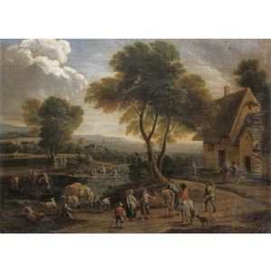 A River Landscape With Figures And Cavaliers In The Forground Before A Cottage by Pieter Bout