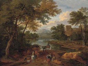 A Wooded River Landscape With Travellers On A Track, A House Beyond (in Collab. W/adriaen Franz Boudewyns) by Pieter Bout