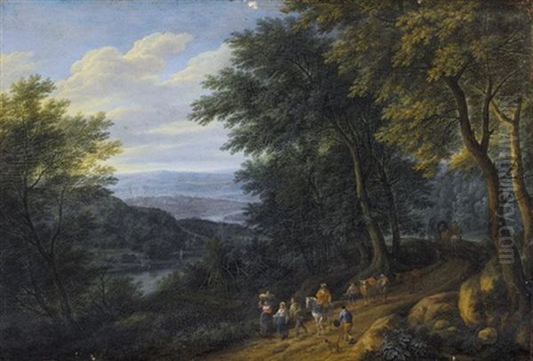 A Wooded Landscape With Figures Travelling Along A Path - view 1
