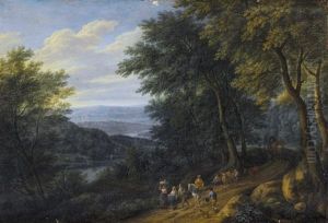 A Wooded Landscape With Figures Travelling Along A Path by Pieter Bout