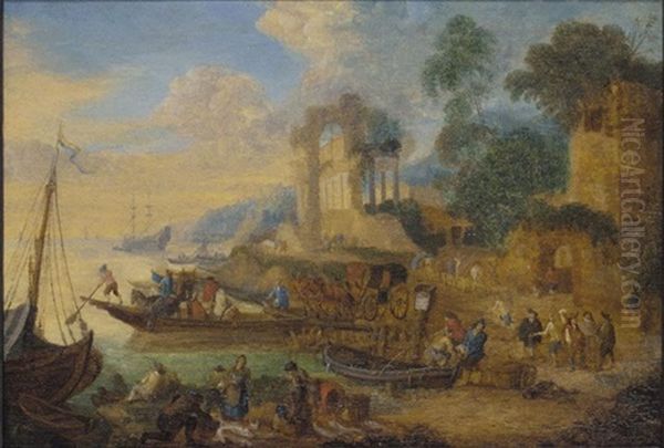 A River Landscape With Fishermen Landing Their Catch And Travellers On A Road Before A Classical Ruin by Pieter Bout