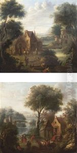 River Landscapes With Peasants And Their Animals Before Cottages (pair)