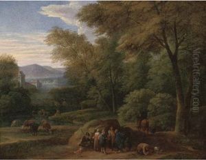 A Wooded River Landscape With Peasants Conversing On A Track (collab. W/adriaen Frans Boudewijns)