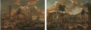 A Port With Dutch Three-masters, A Fortified Town Beyond (+ A River Landscape With Villagers, A Church Beyond; Pair) by Pieter Bout