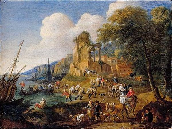 Fishermen Landing Their Catch, With Travellers On A Road Before A Classical Ruin And A Town - view 1