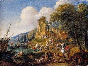 Fishermen Landing Their Catch, With Travellers On A Road Before A Classical Ruin And A Town