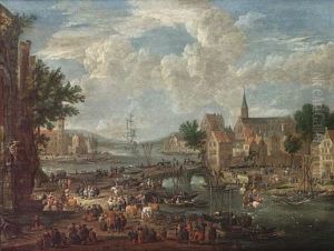 A Village On A River With Numerous Figures On The Bank, A Church Beyond by Pieter Bout