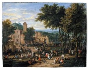 Landscape With A Village Festival, With Numerous Figures Dancing And Feasting Near A Church, A River Beyond (collab. W/adriaen Frans Boudewijns)
