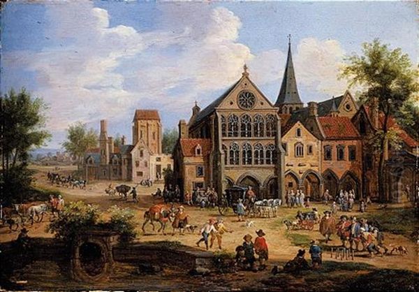 A Crowded Town Scene With Peasants Playing Skittles In Front Of A Church - view 1