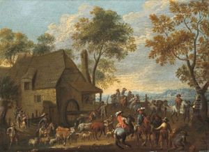 Reiter Und Hirten Mit Herde Vor Einer Wassermuhle by Pieter Bout