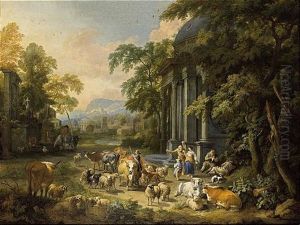 A Classical Wooded Landscape With Herdsmen Tending Their Cattle Near A Roman Temple, A City Beyond by Pieter Bout
