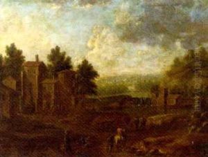 A River Landscape With Figures On A Track, A Village Beyond (attributed To Pieter Bout And Adriaen Frans Boudewijns) by Pieter Bout