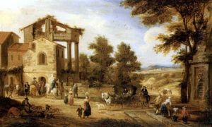 The Outskirts Of A Town With A Washerwoman, Travellers And Resting Labourers, A Landscape Beyond (collab. With Adrian Frans Boudewijns)