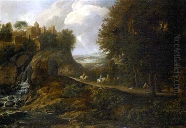 Paysage Montagneux Avec Cavaliers Et Villageois Sur Un Chemin Forestier (collab. W/adrian Bout Dewyns, Attr.) - view 1
