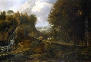 Paysage Montagneux Avec Cavaliers Et Villageois Sur Un Chemin Forestier (collab. W/adrian Bout Dewyns, Attr.) by Pieter Bout