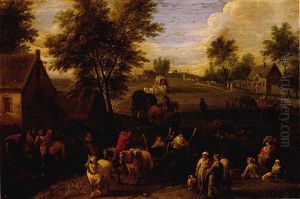 Landscape With Waggoners And Other Figures Gathered On The Outskirts Of A Village