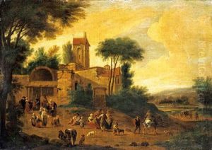 An Italianate Landscape With Figures Before A Church An Italianate Landscape With Figures Before A Church