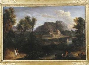 Cavalier Et Pecheurs Dans Un Paysage De Riviere