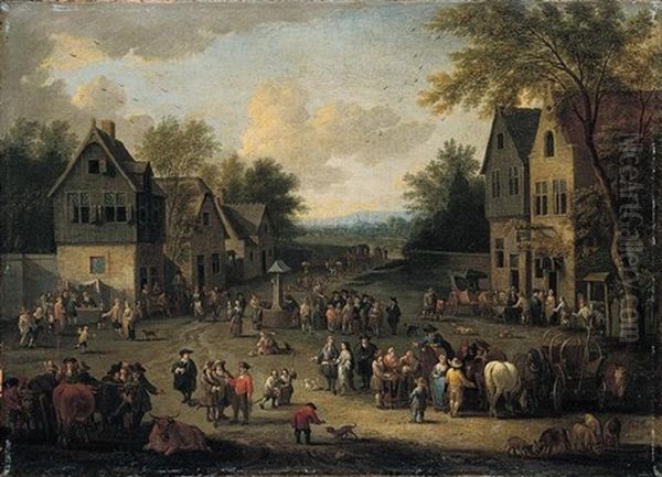 A Crowded Village Scene With Numerous Villagers And Animals - view 1