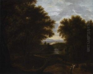 A Wooded River Landscape With Travellers, Herdsmen And Cattle On A Path by Pieter Bout