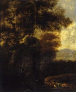 Hirtin Mit Herde In Einer Waldlandschaft by Pieter Bout