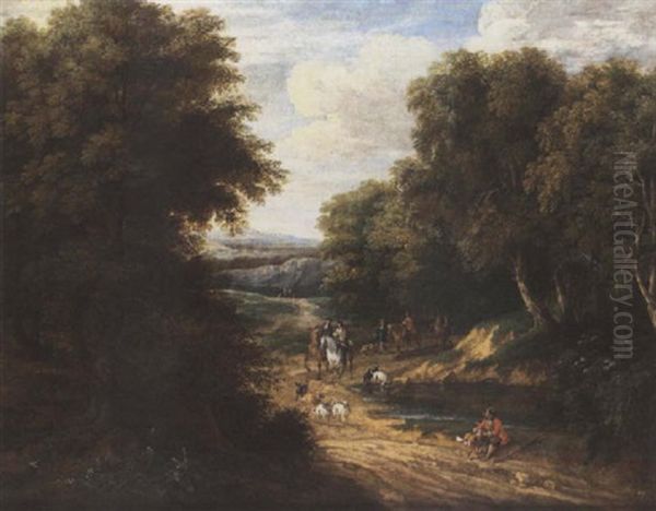 A Wooded Landscape With A Hunting Party And Dogs On A Path By A Pond - view 1