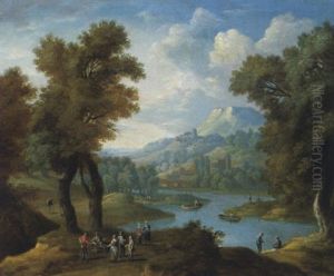 Bewaldete Fluslandschaft Mit Figuren Und Booten by Pieter Bout