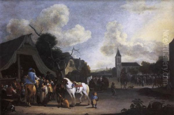 A Village Street With Horsemen Taking Refreshment - view 1