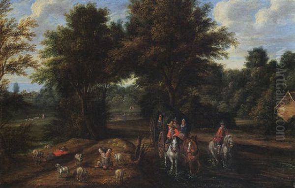 A Wooded Landscape With Travellers In A Horse-drawn Carriage With A Horseman And Shepherds With Their Sheep - view 1