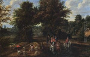 A Wooded Landscape With Travellers In A Horse-drawn Carriage With A Horseman And Shepherds With Their Sheep by Pieter Bout