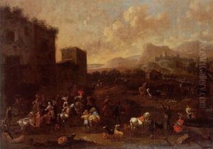 Une Reunion De Cavaliers Au Pied D'une Forteresse En Ruine