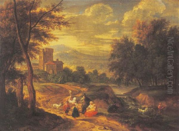 A Wooded Landscape With Travellers Resting On A Path By A Waterfall, A Castle And A Mountainous Landscape Beyond - view 1