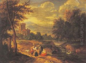 A Wooded Landscape With Travellers Resting On A Path By A Waterfall, A Castle And A Mountainous Landscape Beyond by Pieter Bout