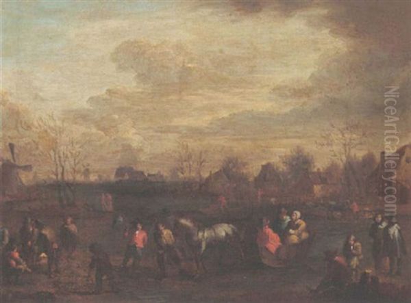 A Winter Scene With A Horse-drawn Sleigh And Skaters - view 1