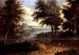 An Extensive Rhineland Landscape With A Shepherd Playing A Flute With His Livestock On A Country Path