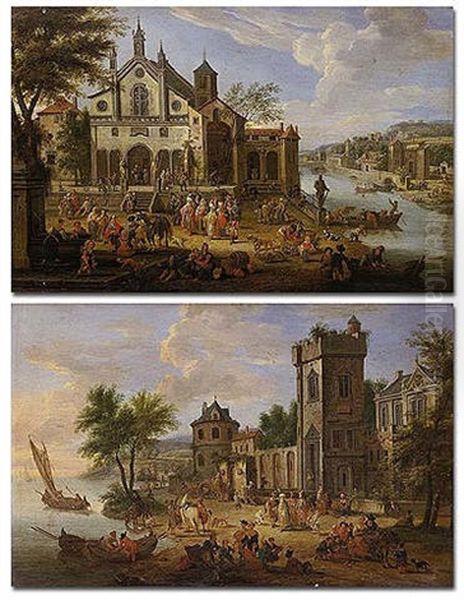 A Crowded Village Scene With Villagers And Orientals Gathered Before A Church - view 1