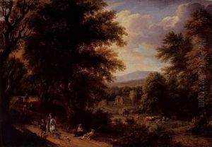 A Wooded Landscape With Travellers On A Path, A Cowherd And His Livestock, With A Castle And Mountains Beyond by Pieter Bout