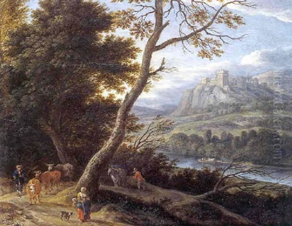 Paysage Fluvial Avec Bergers Et Troupeau Sur Un Chemin Forestier - view 1