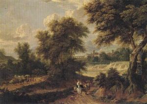 A Classical Landscape With A Wagon Train And Pedestrians On A Road
