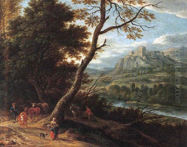 A River Landscape With Drovers And Cattle On A Path, A Castle On A Hillside Beyond - view 1