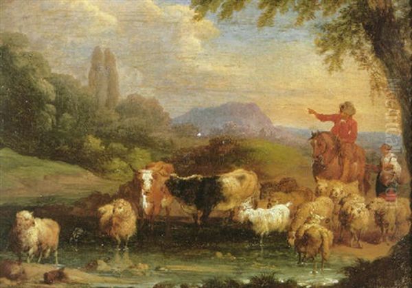 A Man On Horseback Conversing On A Path, Leading His Livestock Across A River, Mountains Beyond - view 1
