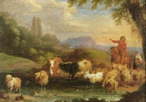 A Man On Horseback Conversing On A Path, Leading His Livestock Across A River, Mountains Beyond by Pieter Bout