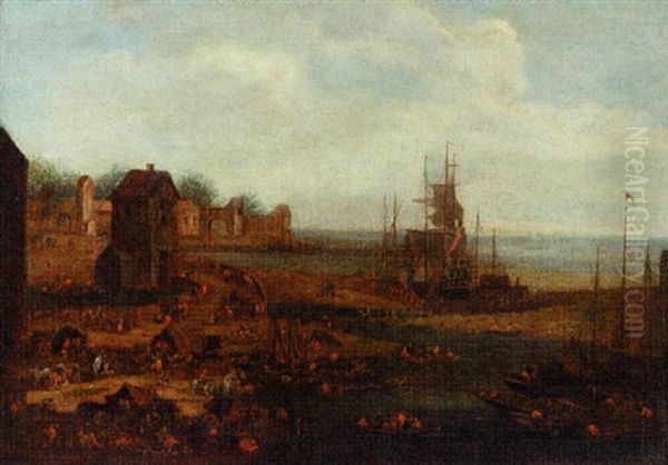 A Harbour Scene With Travellers In Tents Along The Coastline - view 1
