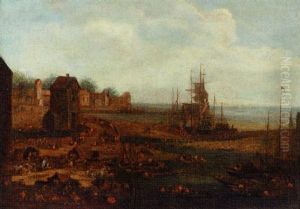 A Harbour Scene With Travellers In Tents Along The Coastline by Pieter Bout