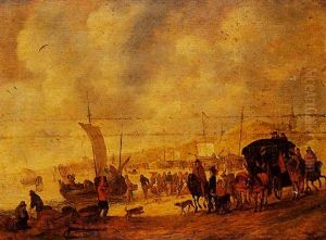A Beach Scene With Fishermen Unloading Their Catch, And A Horse-drawn Carriage To The Right by Pieter Bout