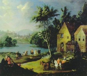 Flusslandschaft Mit Pferdefuhrwerk Und Reitern