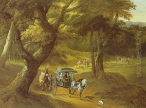 A Woodland Landscape With Elegant Company In A Horse-drawn Carriage, Travellers With Donkeys Beyond by Pieter Bout