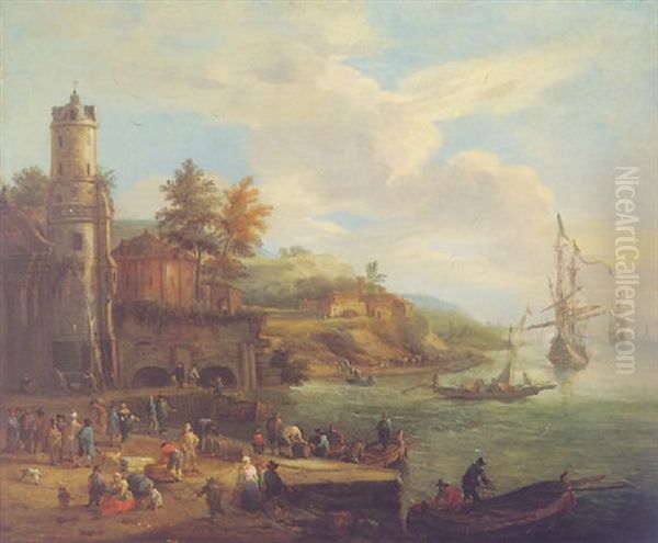 Mediterrranean Harbour Scene With Figures Loading And Unloading Barrels On A Quay, Others Resting Near By - view 1